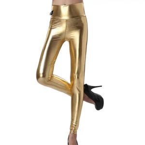 Capris mujer cintura alta negro dorado plata imitación cuero pantalones ajustados elásticos brillantes Leggings Sexy brillante bar club discoteca Pantalones