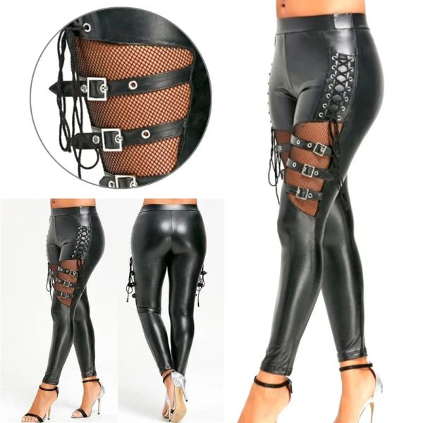 Capris Femmes Pu Leather Skinny Slim Panter Gothic Punk Leggings Fishnet Trim Lace Pant Faux PU Le cuir Pantalon Pantalon Club Club