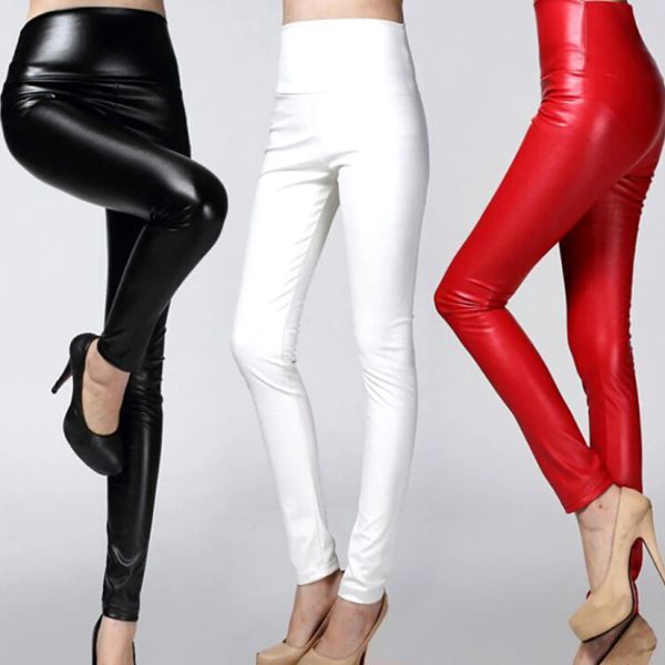 Capris Mujeres Sexy Leggings de cuero de imitación Cintura alta PU Fleece Mujer Pantalones de talla grande Pantalones de invierno Leggins de mujer Moda multicolor