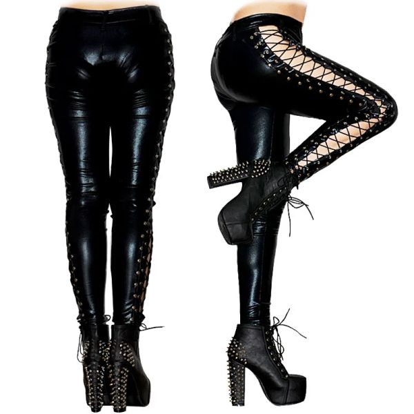 Capris Femmes Sexy Noir PVC Leggings Goth Fétiche Faux Cuir Pantalon À Lacets Cool Punk Rock Brillant Lumière Bandages En Cuir Discothèques