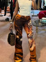 Capris Y2K Street Tiger Stripes Print Flare Pants Mujer Moda Casual Cintura Alta Slim Wide Leg Pant Summer Party Club Pantalones Mujer