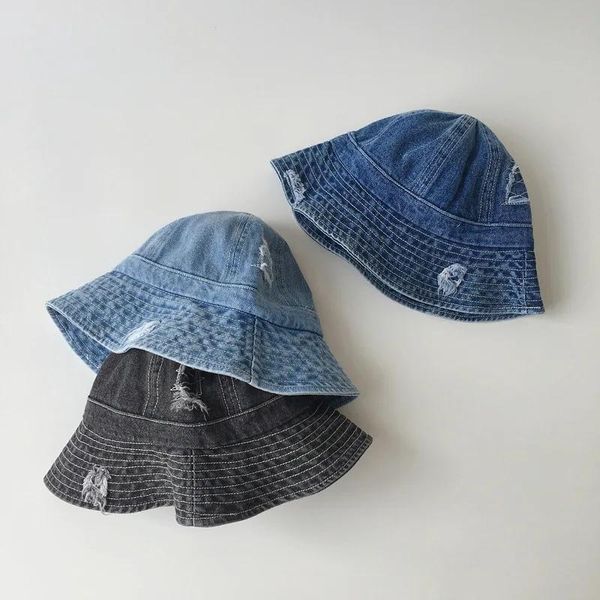 Gorras de otoño para niños, moda unisex, nuevas gorras rasgadas de mezclilla, sombrero de cubo para niños y niñas, sombrero para el sol