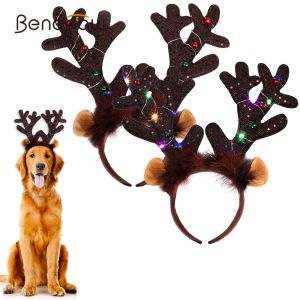 Caps Benepaw Light Up Christmas Dog Cat Reindeer Diaderos de reinguros de calidad LED CALLEZADO LED Sombreros Favores de fiesta de Navidad