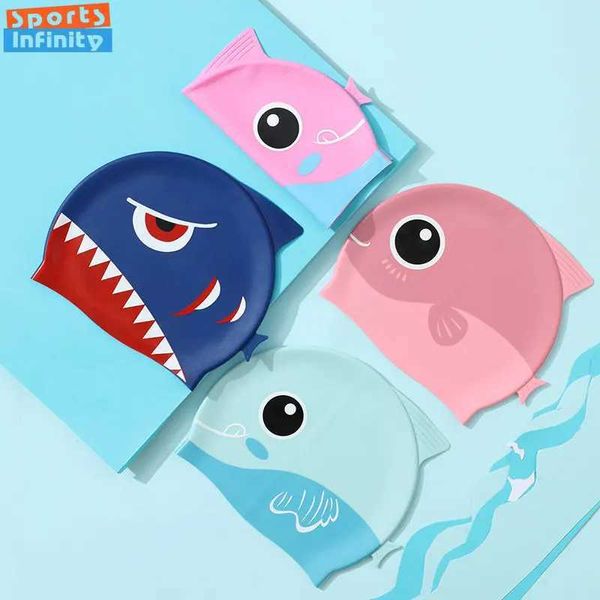 Gorros de dibujos animados lindo pez tiburón gorra de silicona niños proteger orejas sombrero de natación para niños niñas niños accesorios de piscina YQ240119