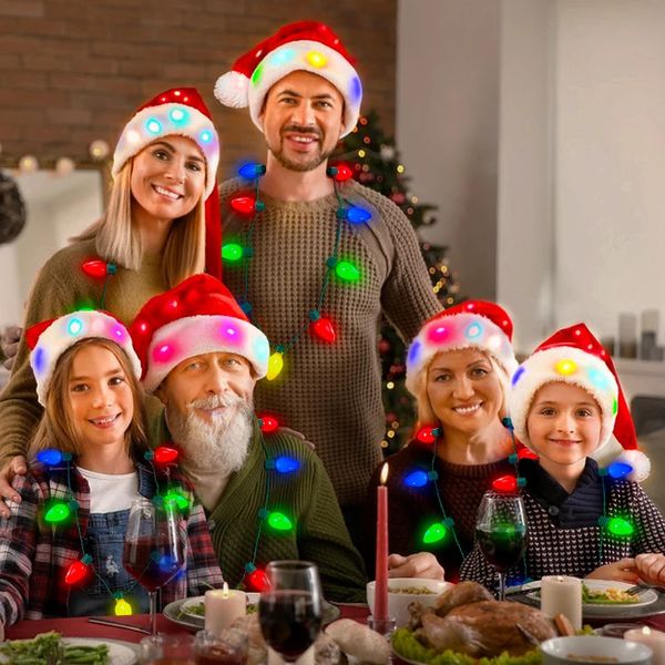 Casquettes Chapeaux 1-4 Ensemble Noël Chapeau de Père Noël Lumière de Couleur avec Collier de Lumière de Noël Ampoule Navid Noel Année Costume Cadeaux Casquettes de Noël Adulte/Enfant 231121