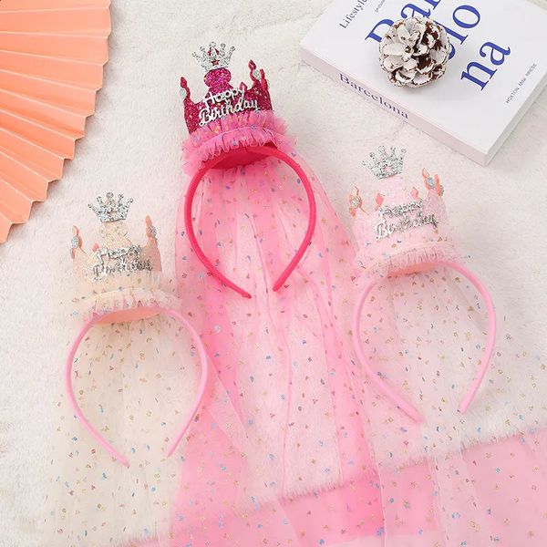 Caps Hüte 1 Stück Krone Kegel Gaze Stirnband Prinzessin Stil Geburtstag Party Kopfbedeckung Pailletten Happy Hair Zubehör Baby Mädchen Geschenk 231030