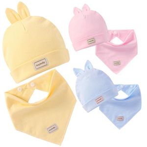 Caps & Hats 2 Pcs/Set Baby Soft Cotton Tire Hat Feeding Drool Bib Set Born Infant Solid Color Warm Cap Saliva Towel Ears Beanie Scarf