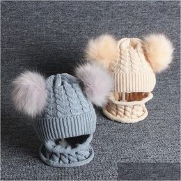 Bonnets Chapeaux 2pcs bébé chapeau écharpe ensemble automne hiver né fille garçon bonnet bonnet double pompon tricoté infantile enfant en bas âge couleur unie bonnet goutte dhtqe