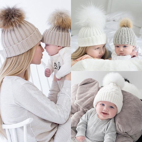 Bonés Chapéus 2 Pçs Mãe Criança Bebê Criança Quente Inverno Malha Gorro De Pele Pom Chapéu De Crochê Ski Gorro 230111