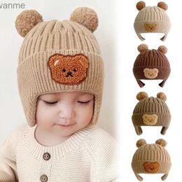 Caps hoeden baby oorbescherming hoed schattige beer geborduurde pluche gebreide hoed kinderen herfst en winter dikke winddichte hoed wx