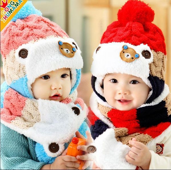 Gorras Sombreros Bebé Sombreros de invierno Bufanda Algodón Bebé Niños Niñas Sombreros de lana Nacido Oso Niños Gorros Bufanda 2 unids / set Niños Cuello Calentador Gorra 230111