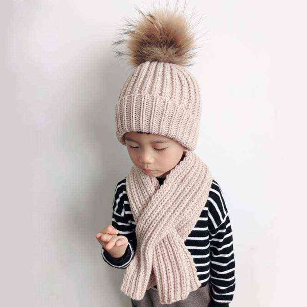 Gorras Sombreros Besar Nyata Bulu Pompon Hat Syal Set Anak Musim Dingin Rajutan Wol Tebal Beanie Topi untuk Anak-anak Usia 3-10 T220907