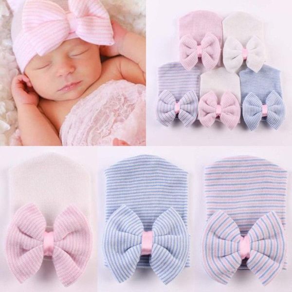 Casquettes Chapeaux Born Baby Hat Toddler Warm Cotton Striped Soft Pink White Boys Girls Bow Beanies For 0-3MCaps Caps