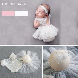 Casquettes Chapeaux né Bébé Pographie Vêtements Fée Dentelle Robe Perles Décoration Barboteuse Jupe Bandeau 3pcs Ensembles Infant Girl Princesse Outfis 221203