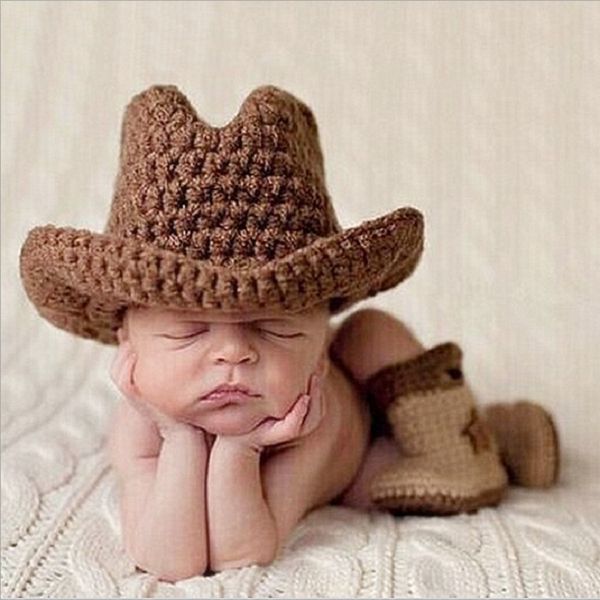 Caps hoeden geboren jongen gehaakte cowboykleding Pography rekwisieten baby baby Po scheuten gebreide outfits kostuum baby douche cadeau foto prop 230313