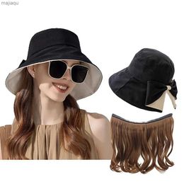 Caps hoeden emmer hoed met haar bevestigd voor vrouwen grote randzon hoed afneembare lange golf gouden hoed pruik lente/zomer wigl240429