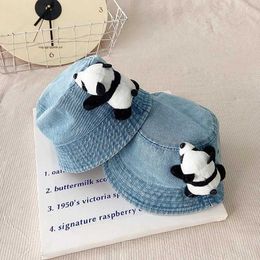 Caps chapeaux dessin animé panda décoratif camping bébé seau de godet pour enfants 6m-4y coton vintage lavage denim pêcheur hatte de pêche