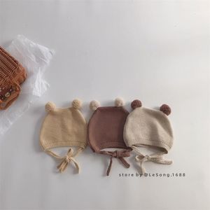 Gorros, sombreros para niños, gorro de punto para otoño e invierno, gorro de protección para los oídos con correa de algodón suave para bebés, accesorios de ropa de Color sólido para niños pequeños