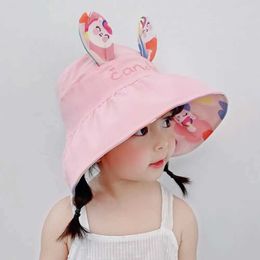 Caps Hats Childrens Sunscreen Hat Summer Boys and Girls Big Eaves Double Sided Lege Tophoed Cute Rabbit Sun Sunshade Hat WX