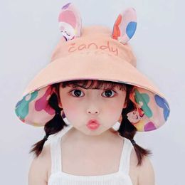 Caps Hats Childrens Sunshade Hat Summer Boys and Girls Big Eve Hat Double Sided Lege Tophoed Cute Rabbit Sunshade Hat Panama Hat D240525