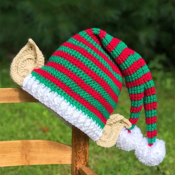 Chapeaux Chapeaux Chapeau d'elfe de Noël Longue Queue Bonnet Au Crochet Enfants Femmes Hommes Tricot Enfant Casquette Vert Rouge Et Blanc Rayure Hiver Costume De Père Noël Accessoires 231121