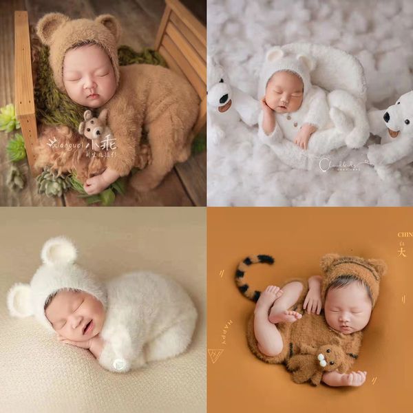 Casquettes Chapeaux Dvotinst born Baby Boys Pography Props Cute Bear Tiger Hat Mink Yarn Outfit Infant Fotografia Studio Shooting Po Props 230328