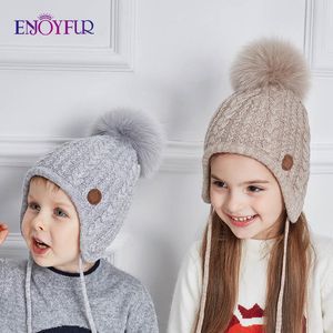 Caps hoeden genieten van Kids Winter Knit hoeden voor meisje Boy Natural Fur Pompom Kinderen Bonnetten Warm Dikke schattige baby Outdoor Ear slap Beanies 230313