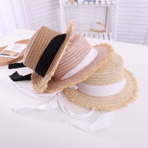 Casquettes Chapeaux EWODOS Toddler Kids Girls Chapeau de soleil en paille à large bord Protection UV Flat Top Sun Cap avec bandage Beach Sun Hat pour enfants filles 230608