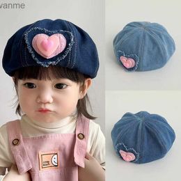 Caps hoeden modieuze denim babymuts vaste kleur liefde meisje warme baret vintage baret childrens herfst en winter kinderkunst kunstenaar schilder hoed 3-8y wx