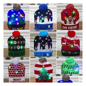 Casquettes Chapeaux Glowing Christmas Knitted Hat Xmas Lightup Beanies Outdoor Light Pompon Ball Ski Cap Pour Santa Bonhomme De Neige Renne Xmass Tr Dhwya