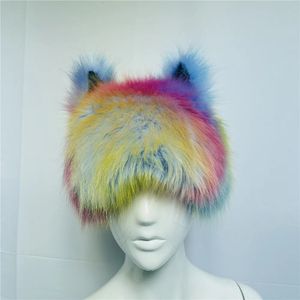 Casquettes Chapeaux Chapeau de fourrure d'imitation arc-en-ciel oreille de chat couvre-chef festival robe drôle chapeau de fête performance couleur cheveux de renard chapeau chaud 231127