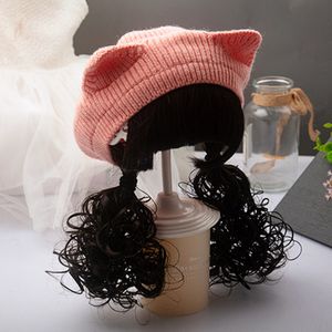 Caps Hoeden Kinderen Meisjes Gebreide Baret Hoed Lang Haar Vlecht Pruik Cap Herfst Winter Warm Mode Outdoor Kinderen Baby Hoeden en Petten 230919