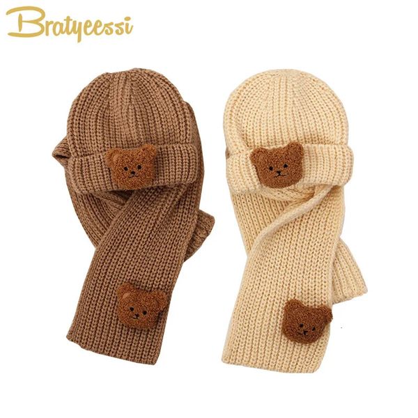 Casquettes Chapeaux Tricoté Hiver Bébé Chapeau Écharpe Ensemble Ours Chaud Enfants Bonnet Chapeaux Coréen Enfants Casquettes pour Filles Garçons Accessoires 1-6Y 231115