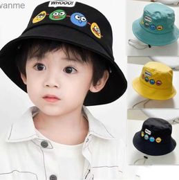 Caps hoeden Koreaanse schattige cartoon kinderen emmer hoed jongens en meisjes buiten zon hoed kindergordel winddichte touw kinderen accessoires wx