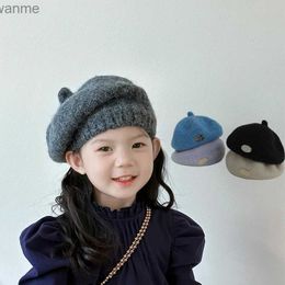 Caps hoeden Koreaanse gebreide baret voor kinderen en meisjes winter vaste kleur wollen bonen hoed retro warme gehaakte kinderen kunstenaar hoed wx
