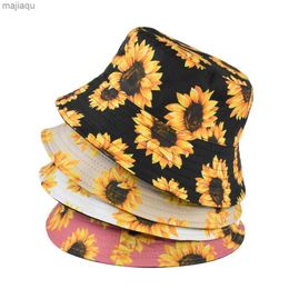 Caps hoeden nieuwe zonnebloem dubbelzijdige emmer hoed dames harajuku dames bob gedrukte panama hoed outdoor vissen zonsondergang vissenmans hatl240429