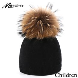 Berretti Cappelli Morbidi lavorati a maglia in vera pelliccia Pompon Beanie Cappelli per bambini Inverno Outdoor Caldi berretti spessi Moda uncinetto Tinta unita Berretti per bambini 231129