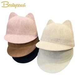 Caps Hats zomer Babyhoed Cartoon Cat Straw Beach Baby Sun Hat Snapback Caps For Children Boy Girls Kids Accessoires 1-4Y Y240517