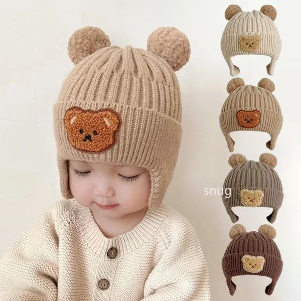 Casquettes Chapeaux Hiver Bébé Bonnet Cap Dessin Animé Ours Protection des Oreilles Chapeau Tricoté pour Tout-petit Garçons Filles Mignon Coréen Chaud Enfants Crochet Gorros 231019