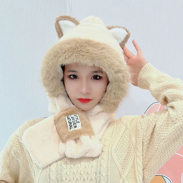 Casquettes Chapeaux Hiver Épaissi et Velours Chaud Renard Oreille Écharpe Chapeau Deux Pièces Ensemble de Mignon Femmes Résistant Au Froid Tendance Lapin Cheveux Chapeau 231127