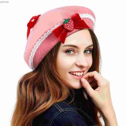 Petten hoeden dames baret aardbeien boog decoratie baret hoed Franse wol warme baret kleding accessoires wx