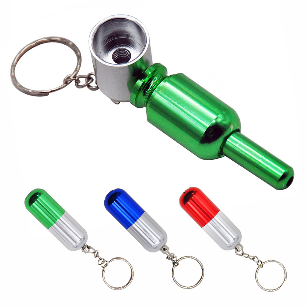 Capsule Style Metal Smoking Hand Pipe Filter Dry Herb Tobacco Spoon Pipe with Key Chain Portable Detachable Mini Pipe Accessories