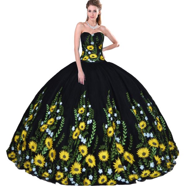 Cautivador vestido de quinceañera con bordado floral mexicano, girasol, falda de cúpula de satén negro y amarillo, vestido de fiesta militar XV