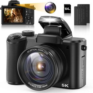 Captura de imágenes de 5k nítidas con facilidad: cámara digital de alta calidad con enfoque automático, zoom óptico 5x, capacidades de vlogging de 64MP - ideal para YouTube, viajes y fotografía