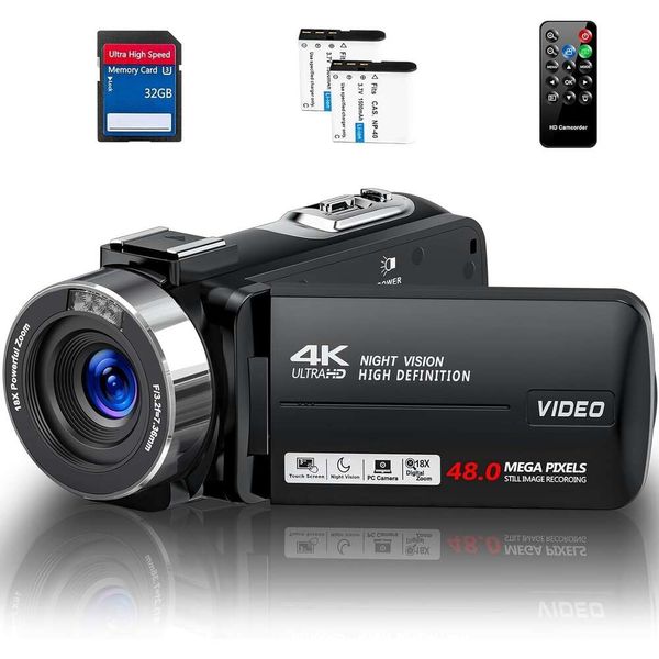 Capture cada momento en impresionante 4K Ultra HD con esta videocámara de 48MP con visión nocturna por infrarrojos, zoom digital de 18X, rotación de 270°, pantalla táctil y control remoto