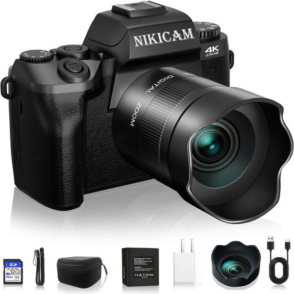 Capturez de superbes photos et vidéos 4K avec notre appareil photo Vlogging WiFi 64MP - Double caméras, écran tactile, flash, carte SD 32 Go, couverture d'objectif et batterie durable - noir