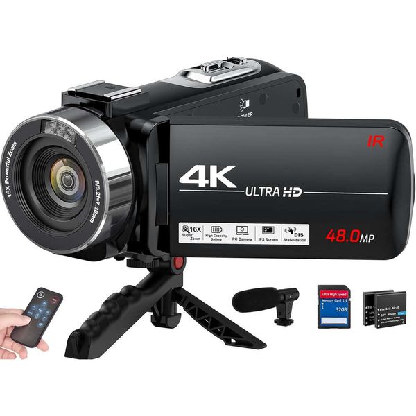 Capturez de superbes vidéos 4K Ultra HD avec ce caméscope Vlogging 48MP pour YouTube |Zoom numérique 16X, écran 30IPS, contrôleur de micro externe, 2 piles incluses