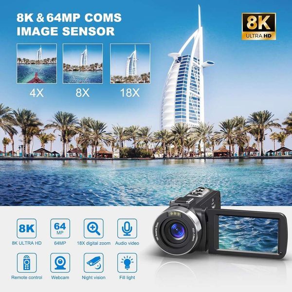 Capture impresionantes videos de 8k con esta videocámara digital de 64MP para Vlogging de YouTube, pantalla de flip de 30 pulgadas, tarjeta SD de 32 GB, control remoto y dos baterías incluidas