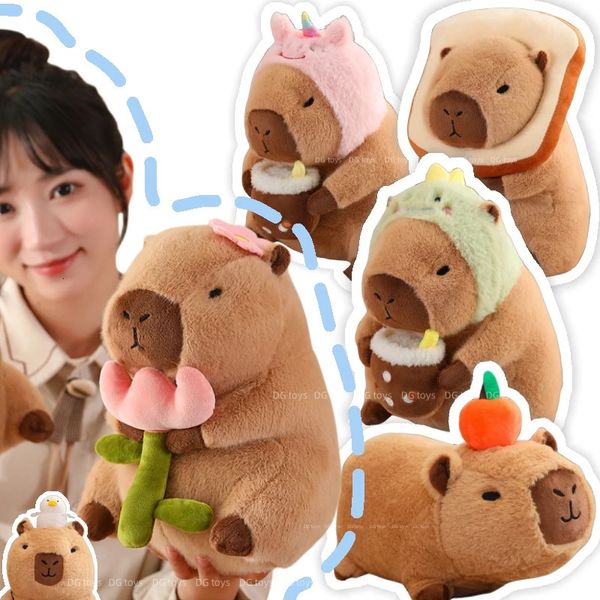 Capybara Simulation de jouets en peluche capibara cosplay Unicorn Dinosaur robe boba pain fruit aliments décor oiseaux bulles animaux en peluche 240411