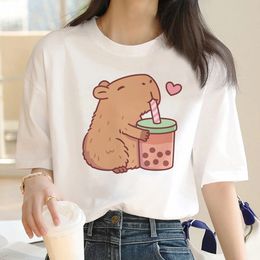 Capybara T-shirt Femmes Impression d'été White Top Cotton Tshirt Graphic Tee Vintage Streetwear 90S Plus taille femelle 240412